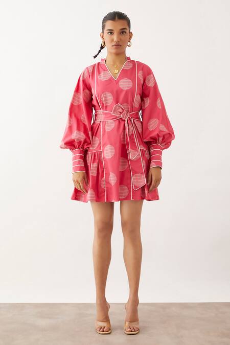 Son Of A Noble Snob_Pink Cotton Satin Mandarin Collar Clara Geometric Print Balloon Sleeve Dress _Online_at_Aza_Fashions