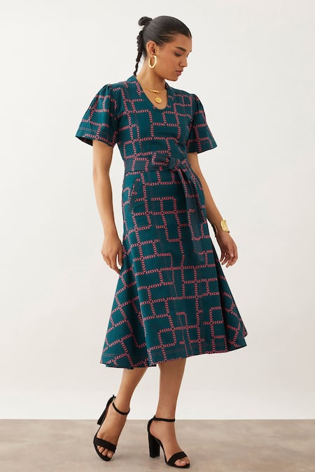 Buy Son Of A Noble Snob Blue Cotton, Twill Round Neck Daichi Chevron Pattern Dress Online at Aza Fashions Buy_Son Of A Noble Snob_Blue Cotton, Twill Round Neck Daichi Chevron Pattern Dress _Online_at_Aza_Fashions