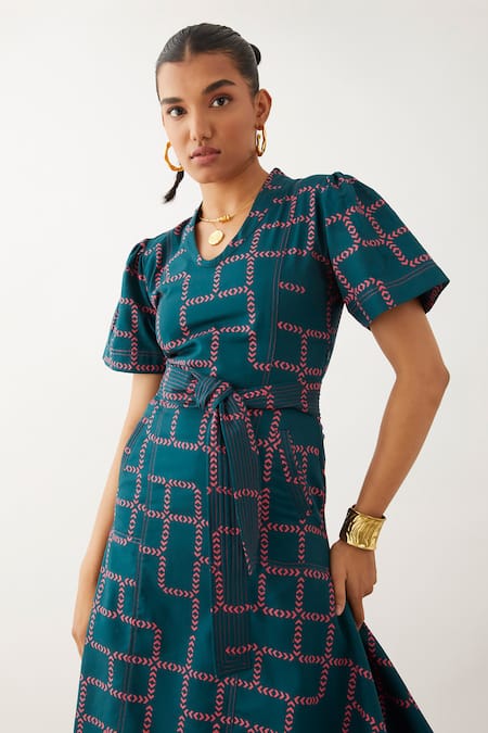 Shop Son Of A Noble Snob Blue Cotton, Twill Round Neck Daichi Chevron Pattern Dress Online at Aza Fashions Shop_Son Of A Noble Snob_Blue Cotton, Twill Round Neck Daichi Chevron Pattern Dress _Online_at_Aza_Fashions