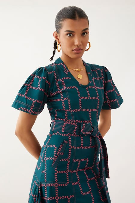 Son Of A Noble Snob Blue Cotton, Twill Round Neck Daichi Chevron Pattern Dress at Aza Fashions Son Of A Noble Snob_Blue Cotton, Twill Round Neck Daichi Chevron Pattern Dress _at_Aza_Fashions