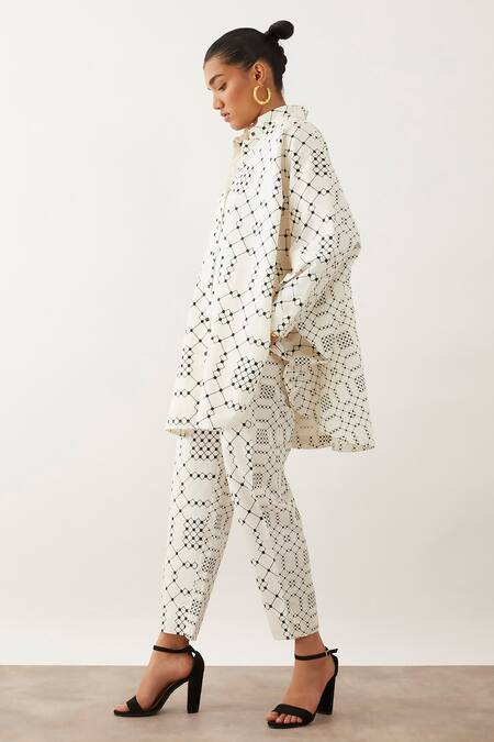 Shop_Son Of A Noble Snob_Off White Cotton Satin High Neck Hanna Balance Print Pant Set _Online_at_Aza_Fashions