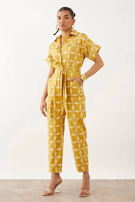 Son Of A Noble Snob_Brown Cotton Shawl Neck Kenji Fan Print Jumpsuit _Online_at_Aza_Fashions
