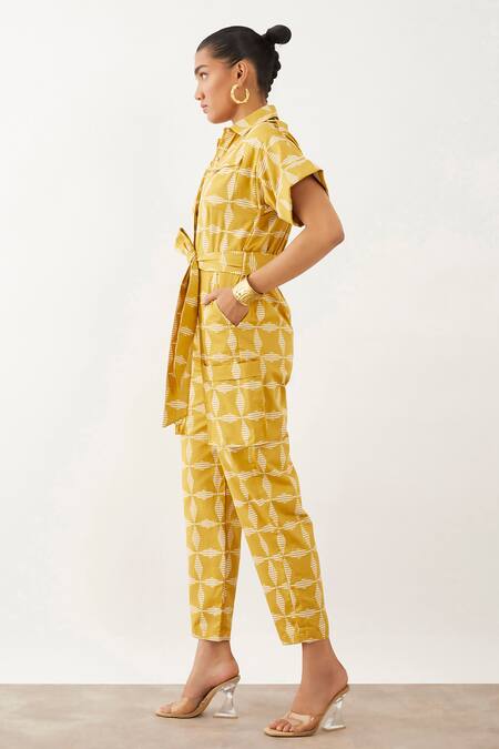 Buy_Son Of A Noble Snob_Brown Cotton Shawl Neck Kenji Fan Print Jumpsuit _Online_at_Aza_Fashions