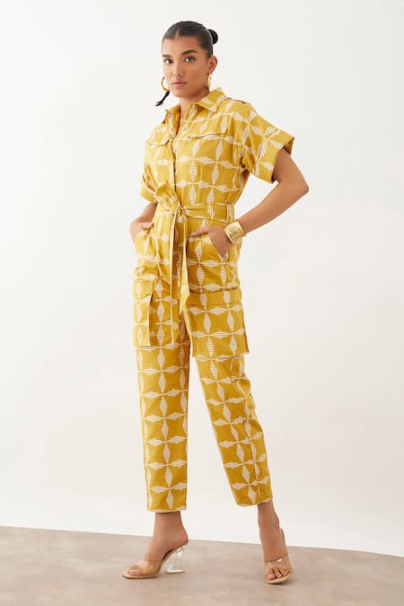Shop_Son Of A Noble Snob_Brown Cotton Shawl Neck Kenji Fan Print Jumpsuit _Online_at_Aza_Fashions