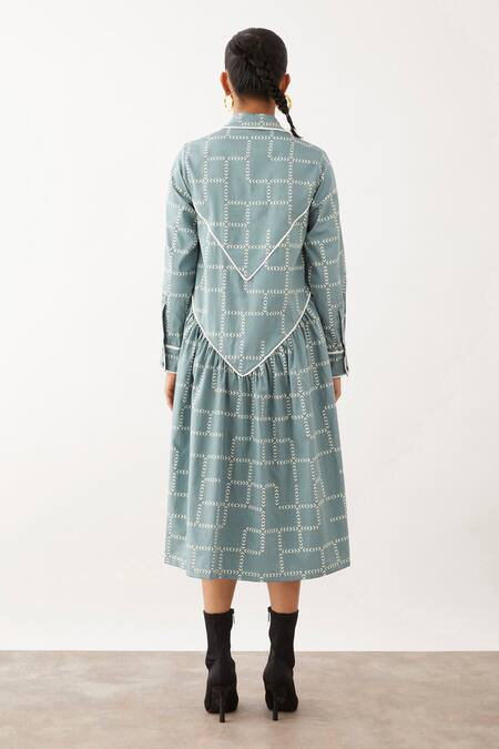 Shop Son Of A Noble Snob Blue Cotton Satin Collared Nessa Chevron Print Dress at Aza Fashions Shop_Son Of A Noble Snob_Blue Cotton Satin Collared Nessa Chevron Print Dress _at_Aza_Fashions