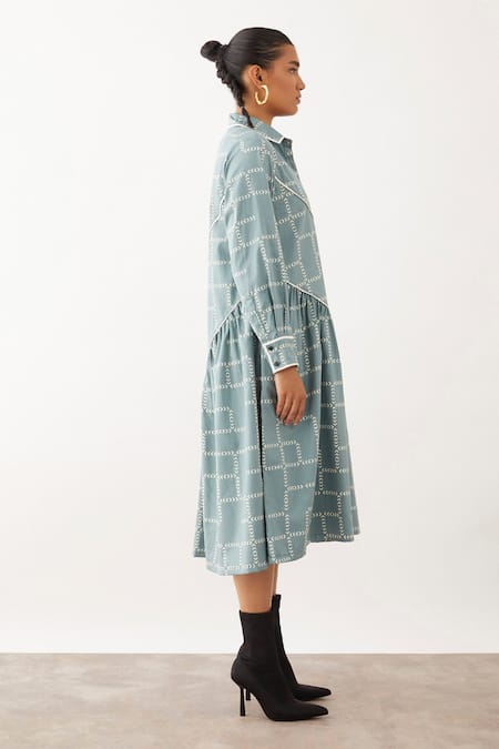 Son Of A Noble Snob Blue Cotton Satin Collared Nessa Chevron Print Dress Online at Aza Fashions Son Of A Noble Snob_Blue Cotton Satin Collared Nessa Chevron Print Dress _Online_at_Aza_Fashions