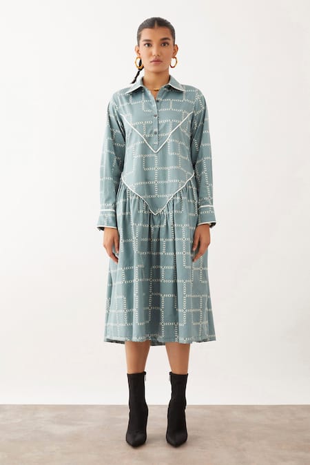 Buy Son Of A Noble Snob Blue Cotton Satin Collared Nessa Chevron Print Dress Online at Aza Fashions Buy_Son Of A Noble Snob_Blue Cotton Satin Collared Nessa Chevron Print Dress _Online_at_Aza_Fashions