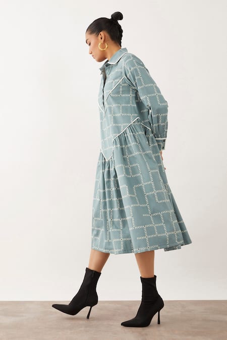 Shop Son Of A Noble Snob Blue Cotton Satin Collared Nessa Chevron Print Dress Online at Aza Fashions Shop_Son Of A Noble Snob_Blue Cotton Satin Collared Nessa Chevron Print Dress _Online_at_Aza_Fashions