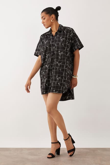 Shop Son Of A Noble Snob Black Cotton Satin Collared Niko Grid Print Shirt Dress Online at Aza Fashions Shop_Son Of A Noble Snob_Black Cotton Satin Collared Niko Grid Print Shirt Dress _Online_at_Aza_Fashions