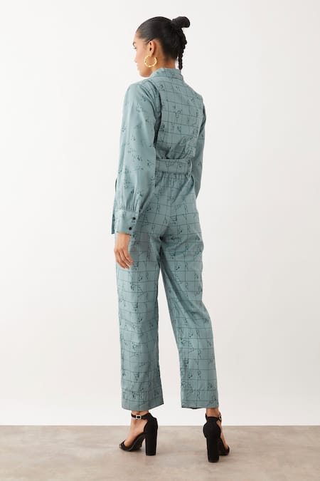 Shop Son Of A Noble Snob Grey Cotton Satin Collared Yuki Grid And Spring Jumpsuit at Aza Fashions Shop_Son Of A Noble Snob_Grey Cotton Satin Collared Yuki Grid And Spring Jumpsuit _at_Aza_Fashions