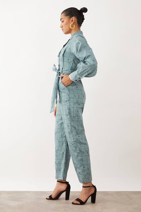 Son Of A Noble Snob Grey Cotton Satin Collared Yuki Grid And Spring Jumpsuit Online at Aza Fashions Son Of A Noble Snob_Grey Cotton Satin Collared Yuki Grid And Spring Jumpsuit _Online_at_Aza_Fashions