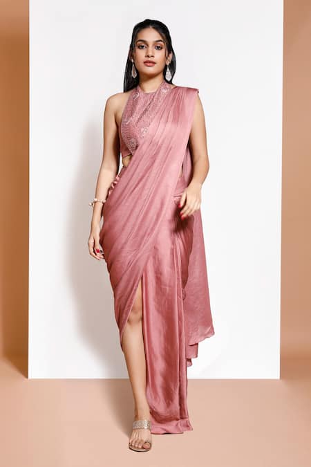 Kressa Solid Pre Stitched Saree With Pearl Embellished Blouse 