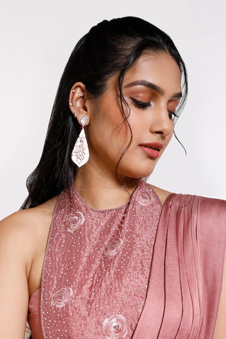 Shop_Kressa_Pink Crepe Pearls, Sequins, Solid Pre Stitched Saree With Embellished Blouse_Online_at_Aza_Fashions
