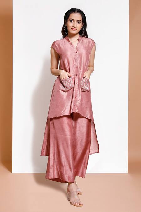 Shop Kressa Pink Silk, Crepe Sequins Mandarin Collar High Low Tunic With Culottes at Aza Fashions Shop_Kressa_Pink Silk, Crepe Sequins Mandarin Collar High Low Tunic With Culottes_at_Aza_Fashions