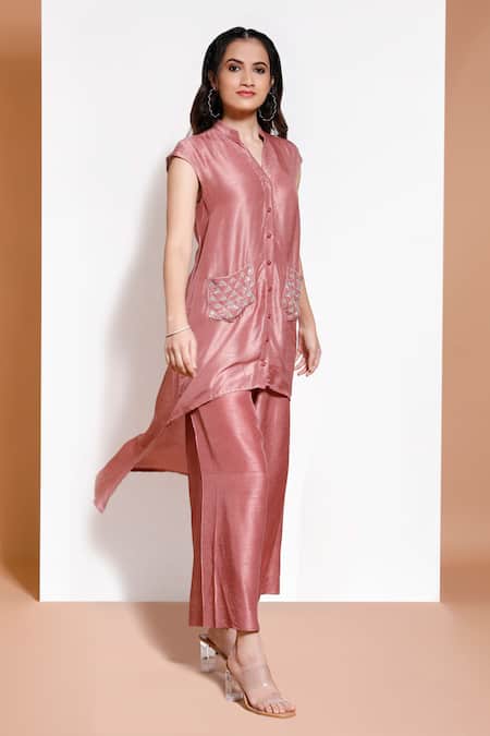 Kressa Pink Silk, Crepe Sequins Mandarin Collar High Low Tunic With Culottes Online at Aza Fashions Kressa_Pink Silk, Crepe Sequins Mandarin Collar High Low Tunic With Culottes_Online_at_Aza_Fashions