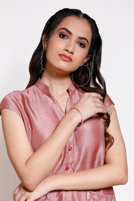 Buy Kressa Pink Silk, Crepe Sequins Mandarin Collar High Low Tunic With Culottes Online at Aza Fashions Buy_Kressa_Pink Silk, Crepe Sequins Mandarin Collar High Low Tunic With Culottes_Online_at_Aza_Fashions