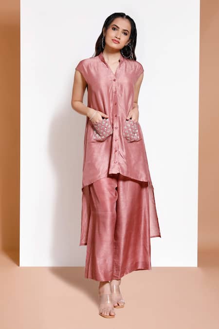 Shop Kressa Pink Silk, Crepe Sequins Mandarin Collar High Low Tunic With Culottes Online at Aza Fashions Shop_Kressa_Pink Silk, Crepe Sequins Mandarin Collar High Low Tunic With Culottes_Online_at_Aza_Fashions