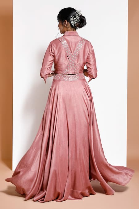 Shop Kressa Pink Silk, Crepe Sequins Shawl Neck Embellished Suspender Lehenga With Shirt at Aza Fashions Shop_Kressa_Pink Silk, Crepe Sequins Shawl Neck Embellished Suspender Lehenga With Shirt_at_Aza_Fashions