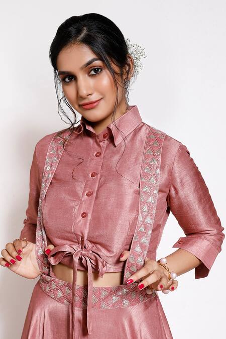 Buy Kressa Pink Silk, Crepe Sequins Shawl Neck Embellished Suspender Lehenga With Shirt Online at Aza Fashions Buy_Kressa_Pink Silk, Crepe Sequins Shawl Neck Embellished Suspender Lehenga With Shirt_Online_at_Aza_Fashions