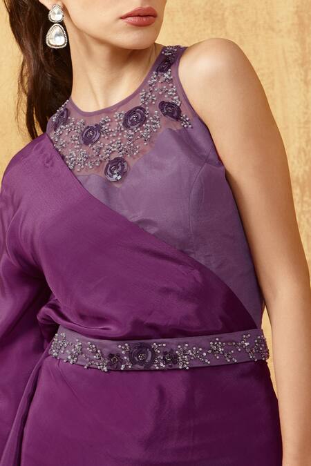 Shop_Kressa_Purple Net, Crepe Sequins Asymmetric Gown With Placement Embellished Bustier_Online_at_Aza_Fashions