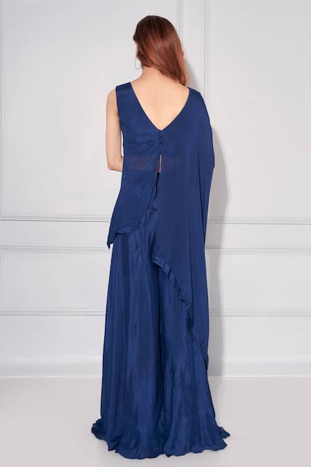 Shop Kressa Blue Crepe, Georgette Sequins Round Neck Asymmetric Flared Kaftan With Pant at Aza Fashions Shop_Kressa_Blue Crepe, Georgette Sequins Round Neck Asymmetric Flared Kaftan With Pant_at_Aza_Fashions