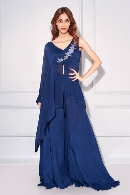 Kressa Blue Crepe, Georgette Sequins Round Neck Asymmetric Flared Kaftan With Pant Online at Aza Fashions Kressa_Blue Crepe, Georgette Sequins Round Neck Asymmetric Flared Kaftan With Pant_Online_at_Aza_Fashions