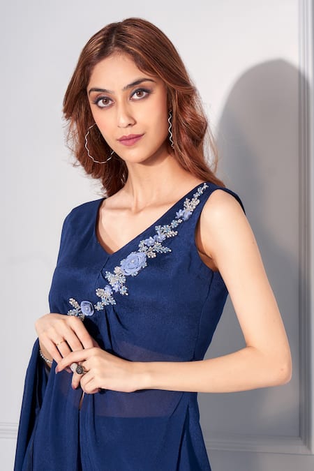 Buy Kressa Blue Crepe, Georgette Sequins Round Neck Asymmetric Flared Kaftan With Pant Online at Aza Fashions Buy_Kressa_Blue Crepe, Georgette Sequins Round Neck Asymmetric Flared Kaftan With Pant_Online_at_Aza_Fashions