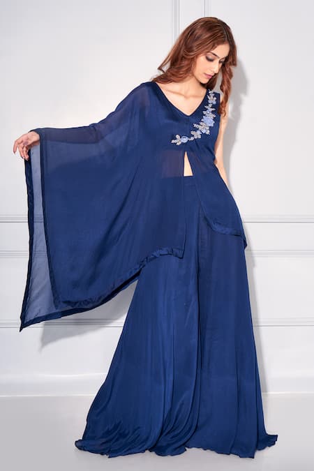 Shop Kressa Blue Crepe, Georgette Sequins Round Neck Asymmetric Flared Kaftan With Pant Online at Aza Fashions Shop_Kressa_Blue Crepe, Georgette Sequins Round Neck Asymmetric Flared Kaftan With Pant_Online_at_Aza_Fashions
