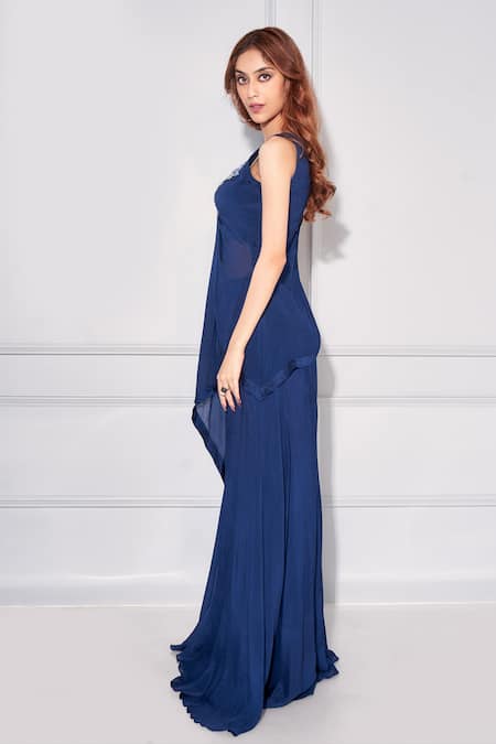 Kressa Blue Crepe, Georgette Sequins Round Neck Asymmetric Flared Kaftan With Pant at Aza Fashions Kressa_Blue Crepe, Georgette Sequins Round Neck Asymmetric Flared Kaftan With Pant_at_Aza_Fashions