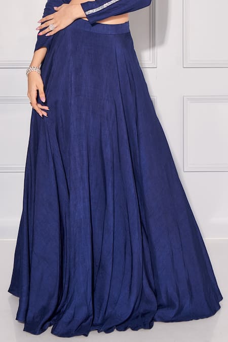 Shop_Kressa_Blue Net, Denim, Silk Sequins Round Neck Embellished Stripe Blouse With Lehenga_Online_at_Aza_Fashions