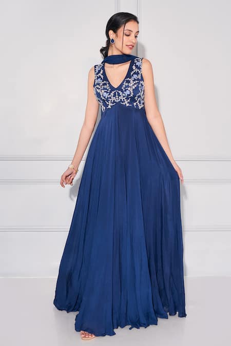 Kressa Blue Crepe Embroidered Sequin Round Rose Embellished Yoke Anarkali With Dupatta 