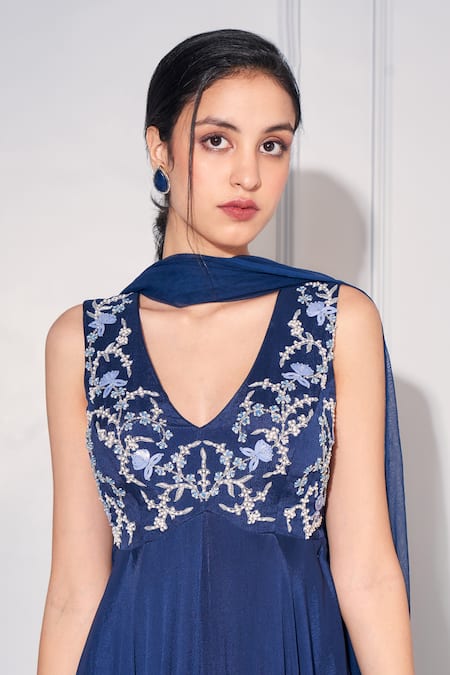 Kressa Blue Crepe, Georgette Embroidery, Rose Embellished Yoke Anarkali With Dupatta Online at Aza Fashions Kressa_Blue Crepe, Georgette Embroidery, Rose Embellished Yoke Anarkali With Dupatta_Online_at_Aza_Fashions
