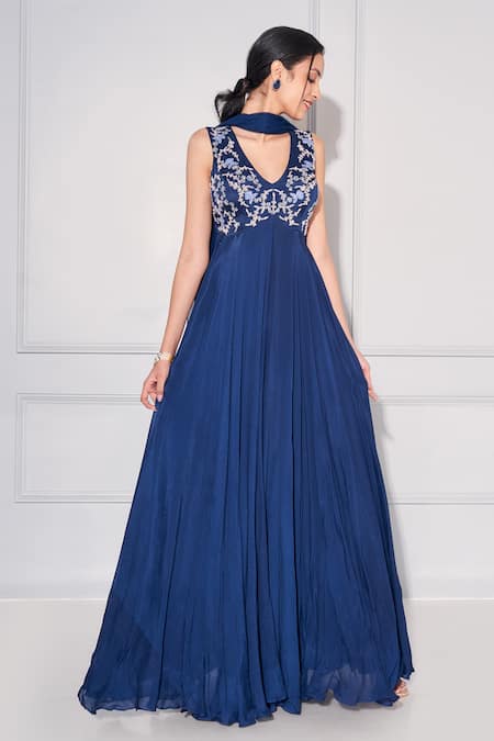 Buy Kressa Blue Crepe, Georgette Embroidery, Rose Embellished Yoke Anarkali With Dupatta Online at Aza Fashions Buy_Kressa_Blue Crepe, Georgette Embroidery, Rose Embellished Yoke Anarkali With Dupatta_Online_at_Aza_Fashions