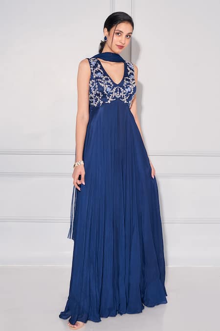 Shop Kressa Blue Crepe, Georgette Embroidery, Rose Embellished Yoke Anarkali With Dupatta Online at Aza Fashions Shop_Kressa_Blue Crepe, Georgette Embroidery, Rose Embellished Yoke Anarkali With Dupatta_Online_at_Aza_Fashions