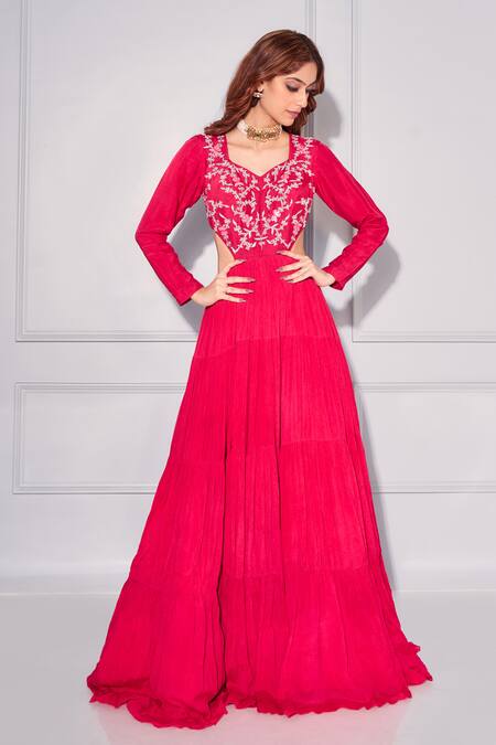 Kressa_Red Crepe, Georgette Cut Work V-neck Floral Embellished Out Anarkali_Online_at_Aza_Fashions