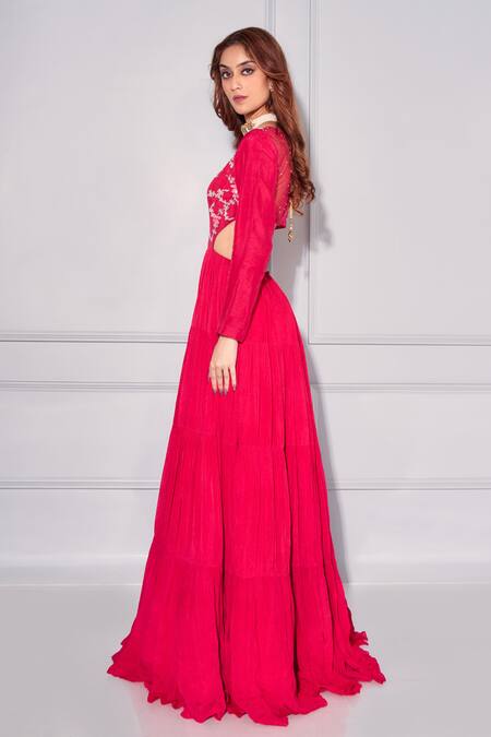 Shop_Kressa_Red Crepe, Georgette Cut Work V-neck Floral Embellished Out Anarkali_Online_at_Aza_Fashions