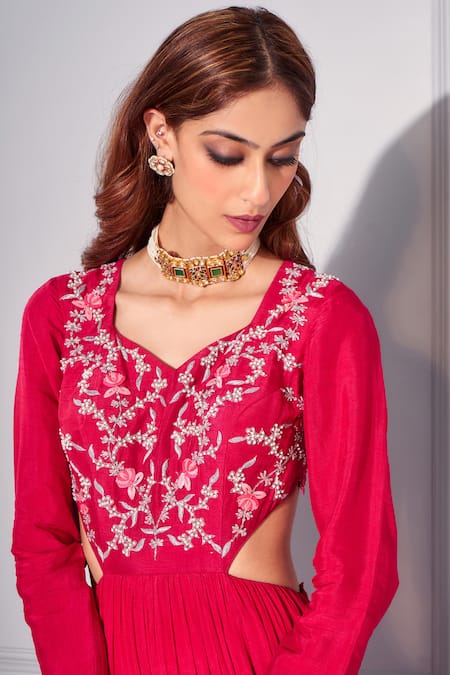Kressa_Red Crepe, Georgette Cut Work V-neck Floral Embellished Out Anarkali_at_Aza_Fashions