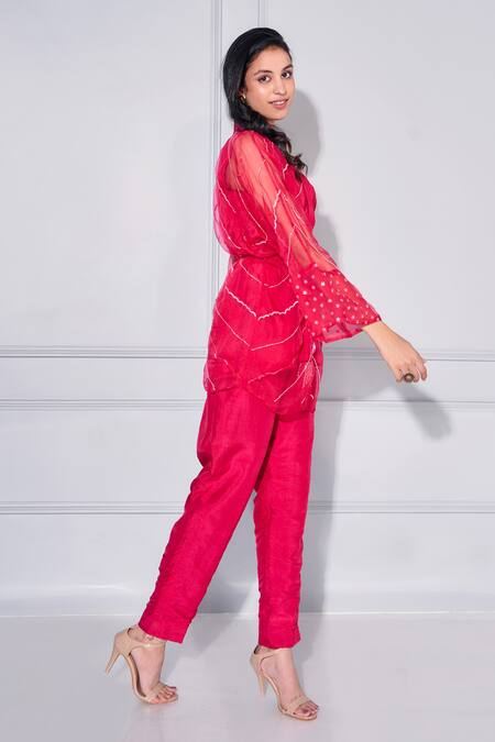 Kressa_Red Organza, Silk Sequins, Embroidery Shawl Sheer Embellished Poncho Pant Set_Online_at_Aza_Fashions