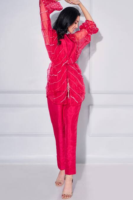 Shop_Kressa_Red Organza, Silk Sequins, Embroidery Shawl Sheer Embellished Poncho Pant Set_Online_at_Aza_Fashions