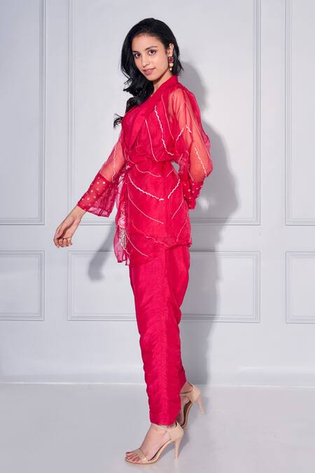 Kressa_Red Organza, Silk Sequins, Embroidery Shawl Sheer Embellished Poncho Pant Set_at_Aza_Fashions