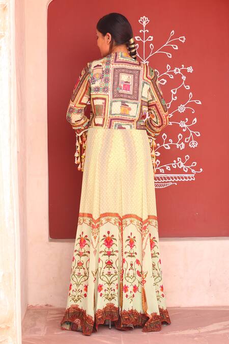 Shop_Ankur J_Multi Color Jacket Georgette Printed Vintage Jacket Open And Palazzo Set _at_Aza_Fashions