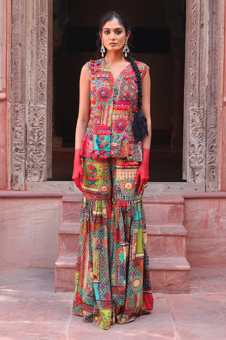Ankur J_Multi Color Cotton Silk Embroidery Thread V Neck Jacket And Gharara Set _Online_at_Aza_Fashions