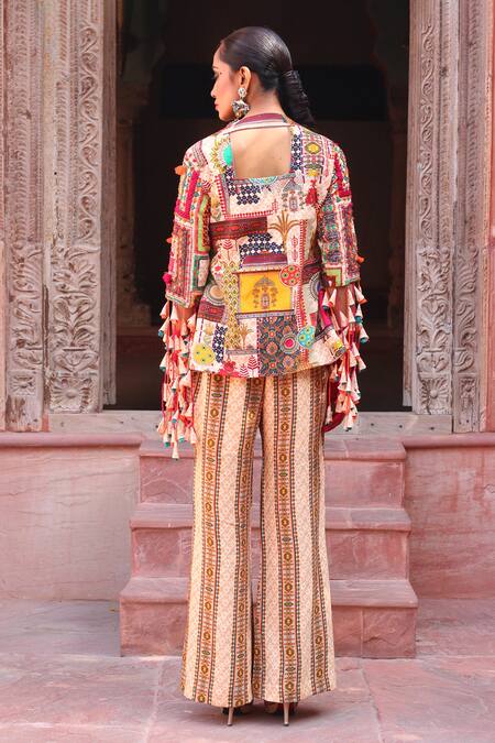 Shop_Ankur J_Multi Color Cotton Silk Embroidery Thread V Neck Jacket And Palazzo Set _at_Aza_Fashions