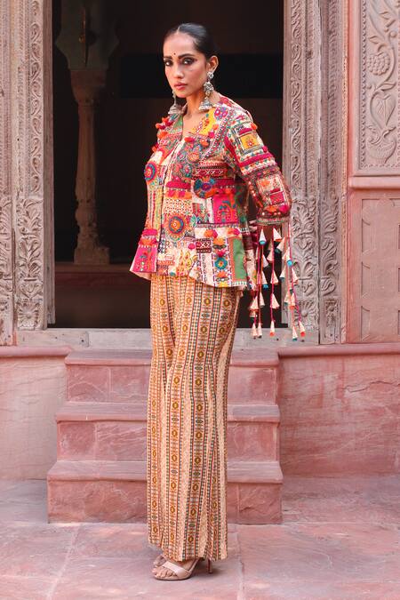 Buy_Ankur J_Multi Color Cotton Silk Embroidery Thread V Neck Jacket And Palazzo Set _Online_at_Aza_Fashions