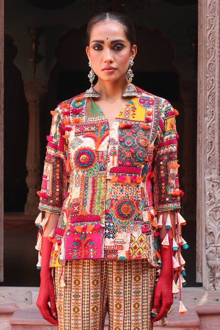 Ankur J_Multi Color Cotton Silk Embroidery Thread V Neck Jacket And Palazzo Set _at_Aza_Fashions