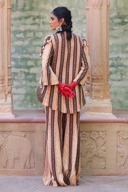 Shop_Ankur J_Off White Cotton Silk Printed Linear Jacket Notched Lapel Collar And Palazzo Set _at_Aza_Fashions