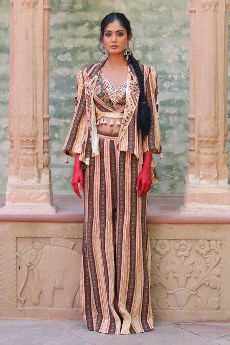 Ankur J_Off White Cotton Silk Printed Linear Jacket Notched Lapel Collar And Palazzo Set _Online_at_Aza_Fashions
