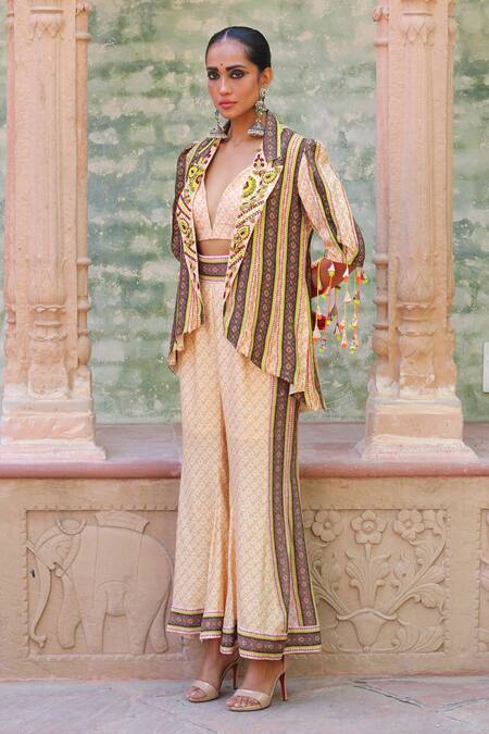 Buy_Ankur J_Off White Cotton Silk Printed Geometric Jacket Notched Lapel And Palazzo Set _Online_at_Aza_Fashions