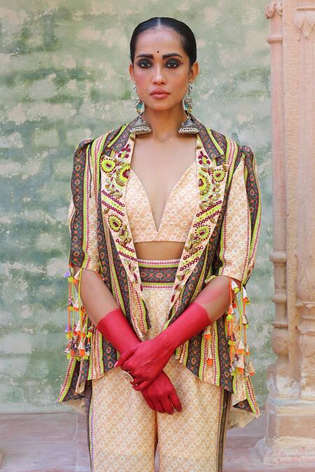 Shop_Ankur J_Off White Cotton Silk Printed Geometric Jacket Notched Lapel And Palazzo Set _Online_at_Aza_Fashions