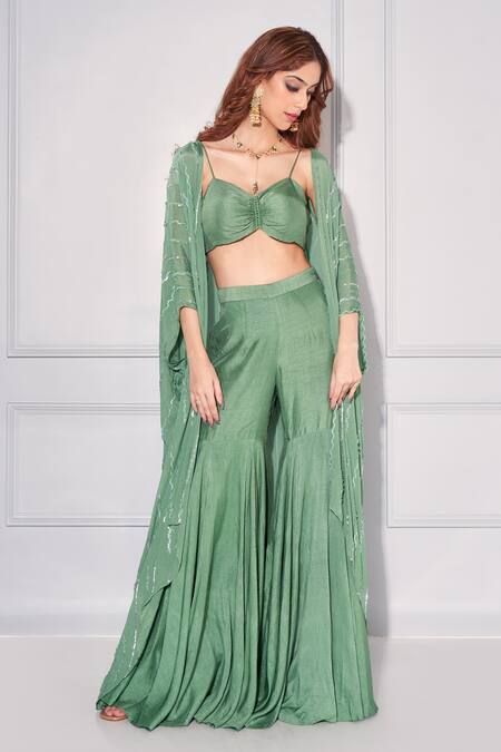 Shop Kressa Green Silk, Crepe Sequins Sweetheart Neck Embellished Cape Sharara Set Online at Aza Fashions Shop_Kressa_Green Silk, Crepe Sequins Sweetheart Neck Embellished Cape Sharara Set_Online_at_Aza_Fashions
